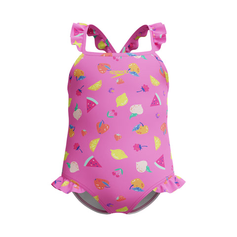 Toddler Girls LTS Printed Frill Thinstrap One Piece Neon Flamingo