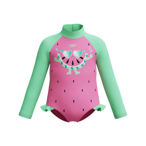Toddler Girls Digital LS Frill Swimsuit Neon Bubblegum Watermelon