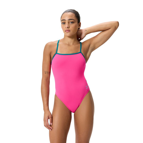 Womens Solid Tri Back One Piece Punchy Pink