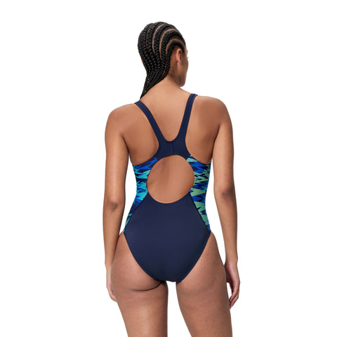 Womens Printed Splice Muscleback One Piece Peacoat Deep Sapphire